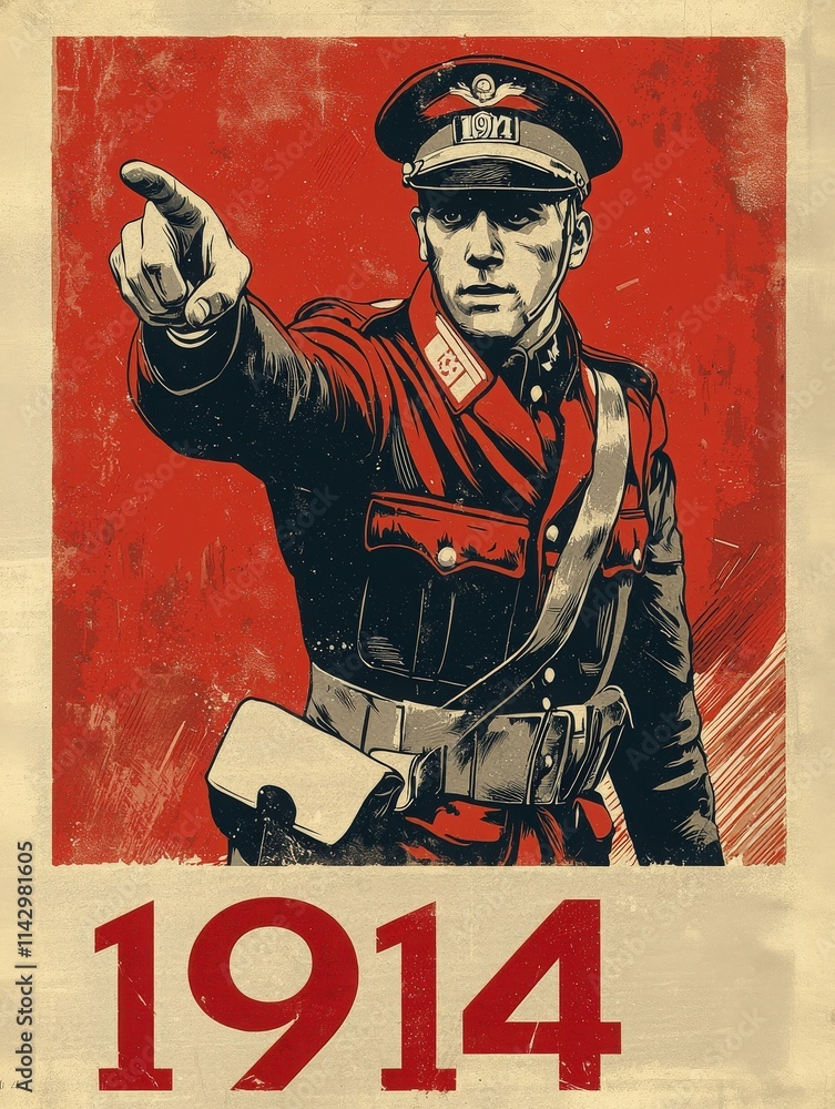 A soldier dressed in a historic uniform stands assertively, pointing forward. The background is vivid red, with the year 1914 prominently displayed below, evoking a sense of urgency and importance.