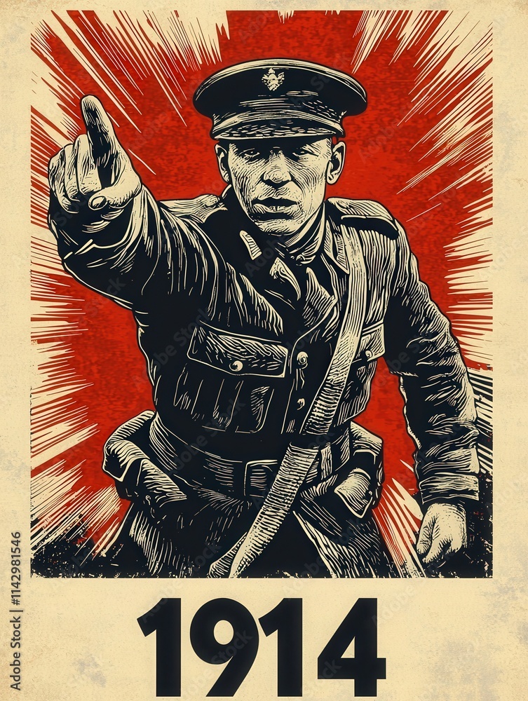 A soldier in a 1914 military uniform stands assertively with a pointed finger, encouraging engagement. The bold red backdrop emphasizes the urgency and intensity of the moment.