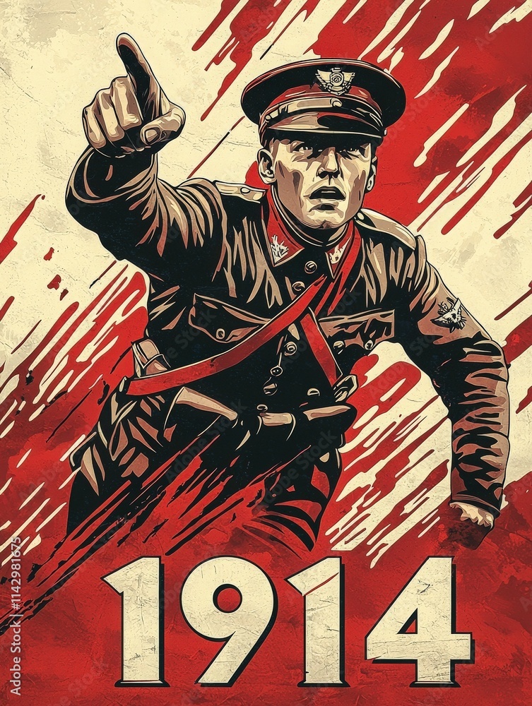 A soldier in a detailed military uniform points forward with determination, representing the spirit of a historical military campaign in 1914. Strong colors emphasize the urgency of the moment.