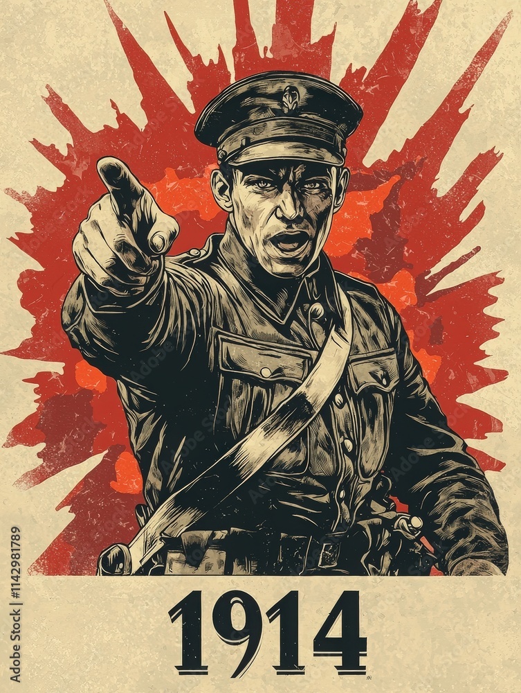 A soldier in a military uniform passionately points forward, encouraging enlistment for World War I. The background features a bold red explosion, symbolizing urgency and action.