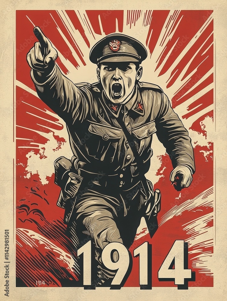 A soldier in a military uniform passionately raises his arm while shouting. The background features bold rays and a vintage style, symbolizing a powerful message from 1914.