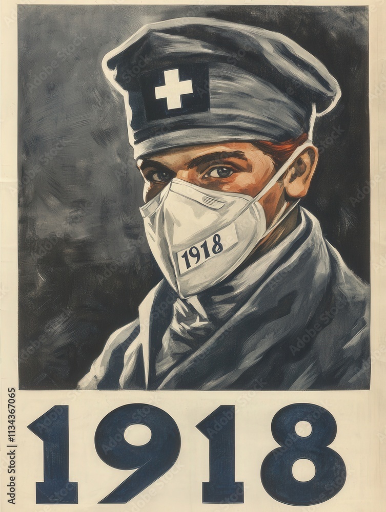 A soldier is depicted wearing a mask labeled 1918, showcasing the impact of the pandemic on military life. The artwork captures the seriousness and resilience of that era.