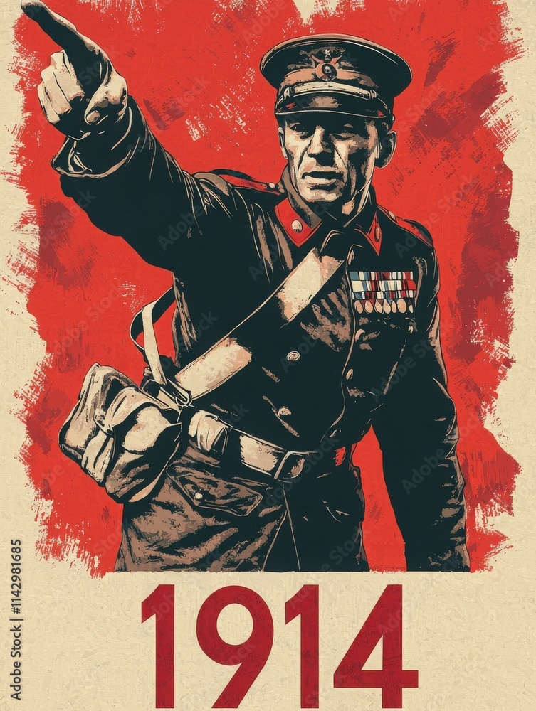 A soldier stands confidently, pointing forward while wearing a military uniform adorned with medals. The bold red background evokes the intensity of the World War I period, specifically 1914.