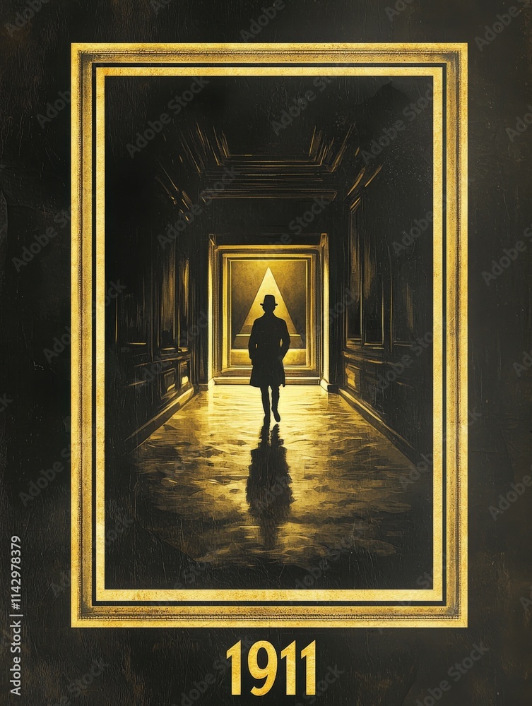 A solitary figure dressed in period attire walks through a dimly lit gallery. The figure is silhouetted against a brightly lit artwork, creating a sense of intrigue.