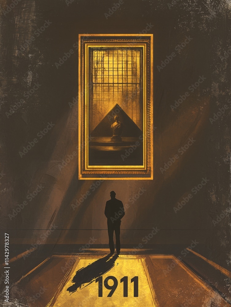 A solitary figure stands before a striking golden artwork in a dimly lit gallery. The warm tones and shadows create a captivating atmosphere as the viewer contemplates the piece.