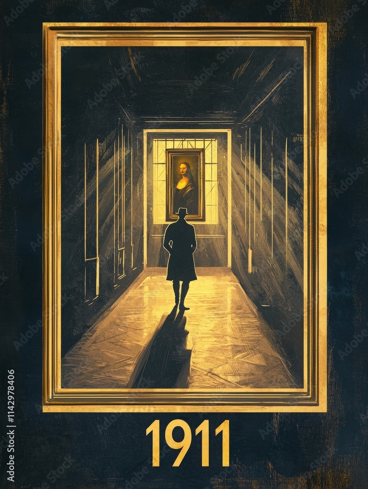 A solitary figure walks through a grand art gallery in 1911, illuminated by rays of light. The surrounding architecture showcases elegance, drawing attention to the artwork displayed.