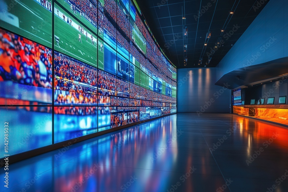 A spacious area features numerous large screens displaying live sports events. The sleek design includes vibrant colors and modern lighting, creating an exciting atmosphere for fans and visitors.