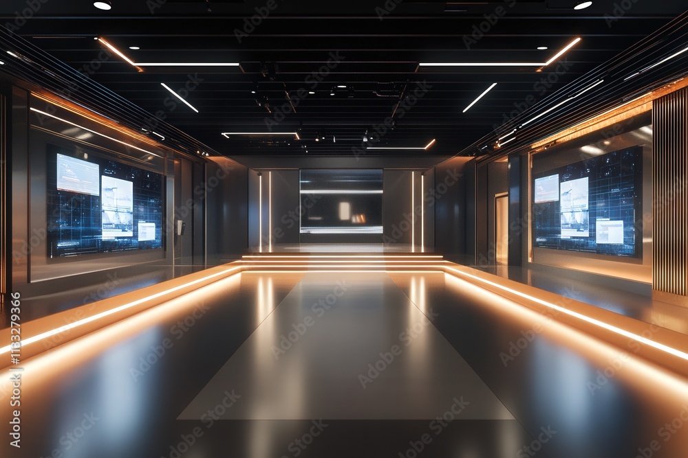 A spacious conference room features sleek walls and warm lighting, equipped with digital screens on displays.