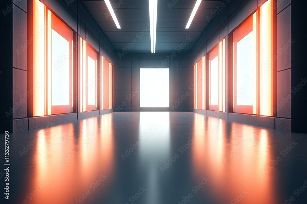A spacious corridor features glowing red edges and a bright light at the end. The reflective floor enhances the modern, minimalistic design, creating an intriguing atmosphere.