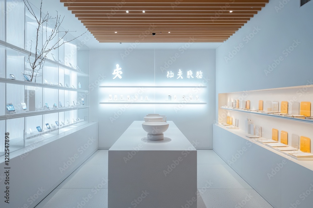A spacious gallery features sleek white walls and wooden accents, showcasing ceramics and small art pieces. Natural light illuminates the carefully arranged displays, creating a serene atmosphere.
