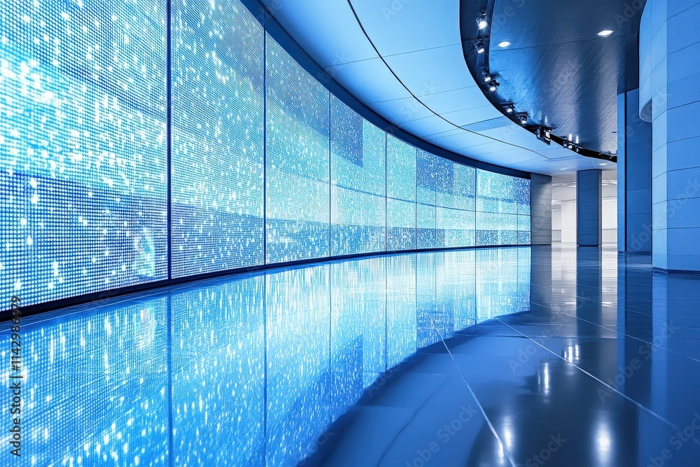A spacious interior showcases a large, vibrant digital display that lights up the sleek, polished floor. The blue tones create an inviting atmosphere in this contemporary setting.