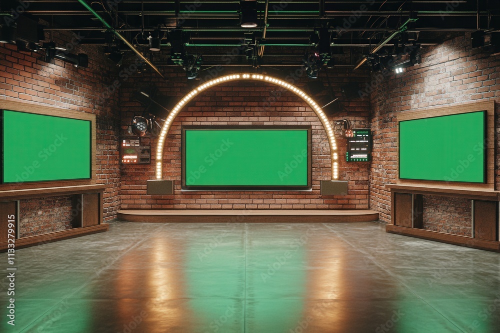 A spacious studio features multiple green screens against a textured brick wall. The area is well-lit with ambient lighting, perfect for filming and broadcasting.