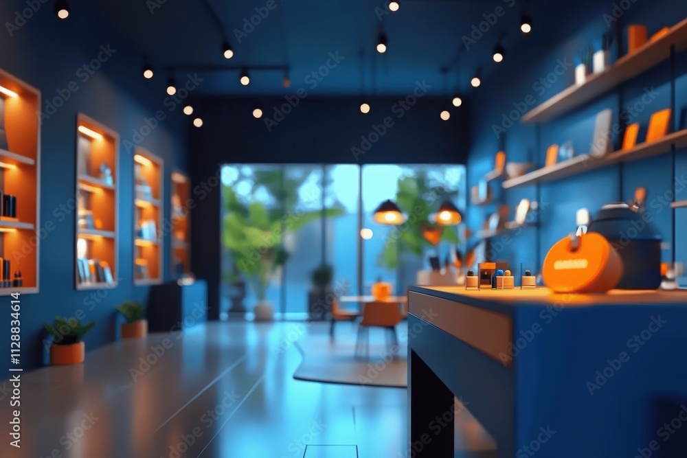 A spacious workspace features blue walls and warm lighting. Shelves are filled with various items, while plants add a touch of nature. Large windows offer a view of greenery outside.