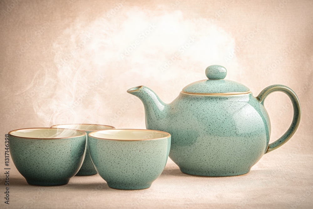 A speckled, turquoise ceramic teapot with matching cups sits on a neutral surface. Soft studio lighting and background create a calming, elegant mood. Perfect for a tea break.