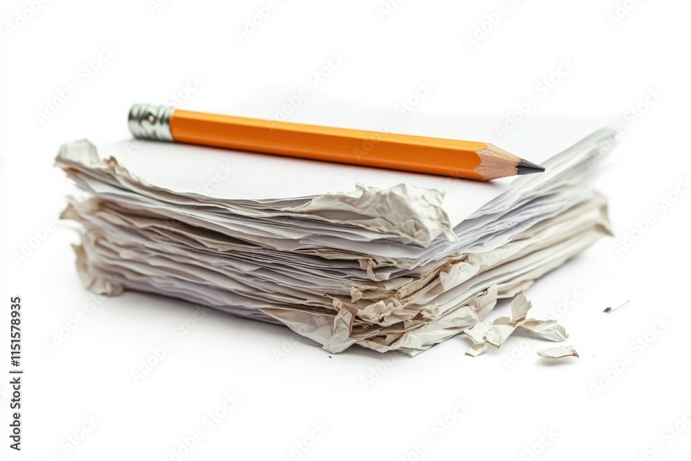 A stack of crumpled papers lies on a white surface next to a sharpened orange pencil, indicating a brainstorming or writing process. The setting suggests creativity or revision.
