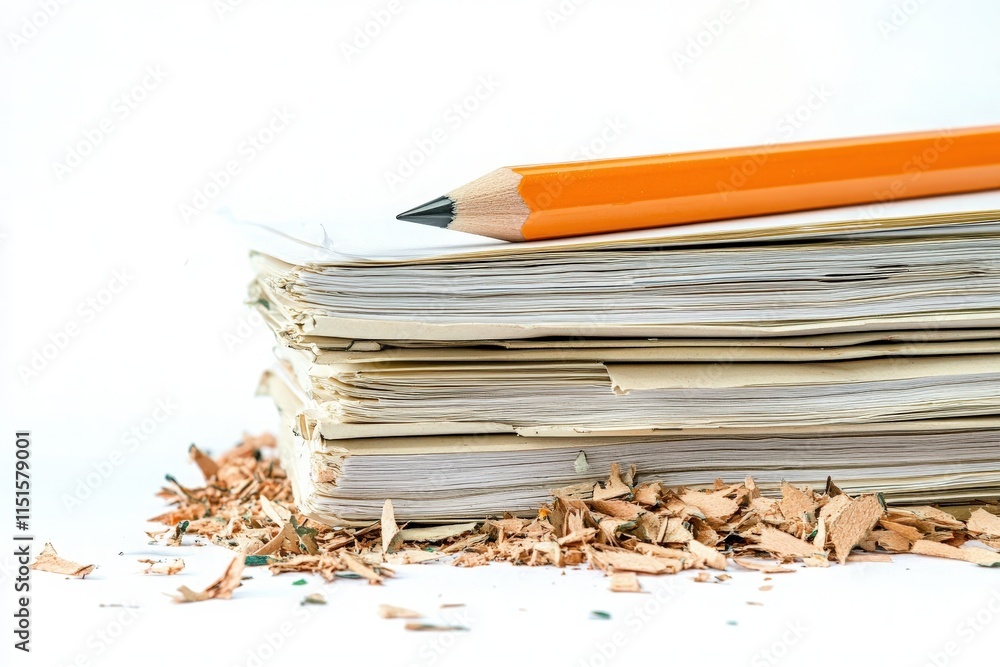 A stack of weathered paper sits on a clean surface, accompanied by a sharpened orange pencil and wood shavings. This arrangement highlights a workspace ready for creativity.