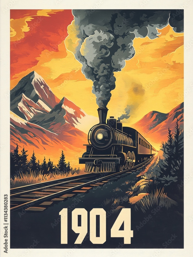 A steam locomotive billows smoke as it journeys through vibrant mountains and trees, set in the year 1904. The colorful sky adds a dramatic backdrop to this nostalgic scene.