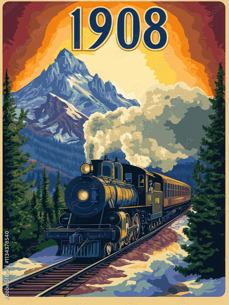 A steam locomotive chugs along scenic tracks against a backdrop of towering mountains. The year is 1908, evoking a sense of adventure and nostalgia in a natural landscape.