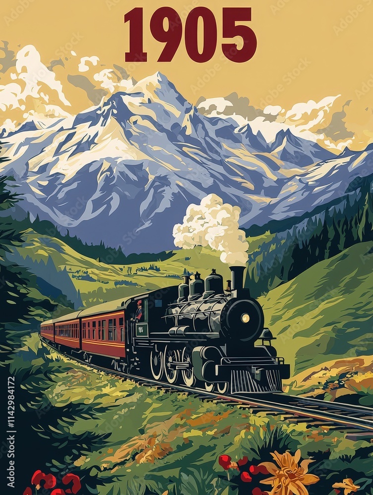 A steam locomotive from 1905 moves along tracks surrounded by lush green fields and majestic mountains. Smoke billows from the train as it journeys through a picturesque landscape.