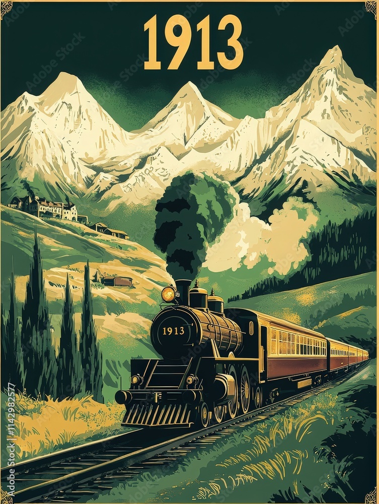 A steam locomotive is depicted chugging along railway tracks in a mountainous landscape. The year 1913 is prominently displayed, showcasing vintage travel aesthetics.