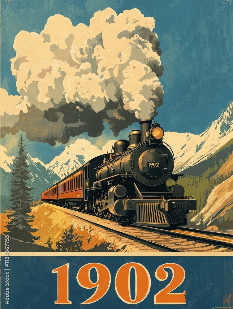 A steam locomotive powerful and majestic traverses a scenic mountain route. Billowing clouds of smoke rise as the train passes by towering peaks, evoking nostalgia for a bygone era.