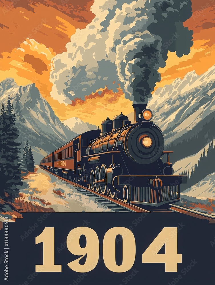 A steam train chugs along tracks amidst majestic mountains, billowing smoke against a vibrant sky at sunset. This nostalgic scene captures the essence of travel in 1904.