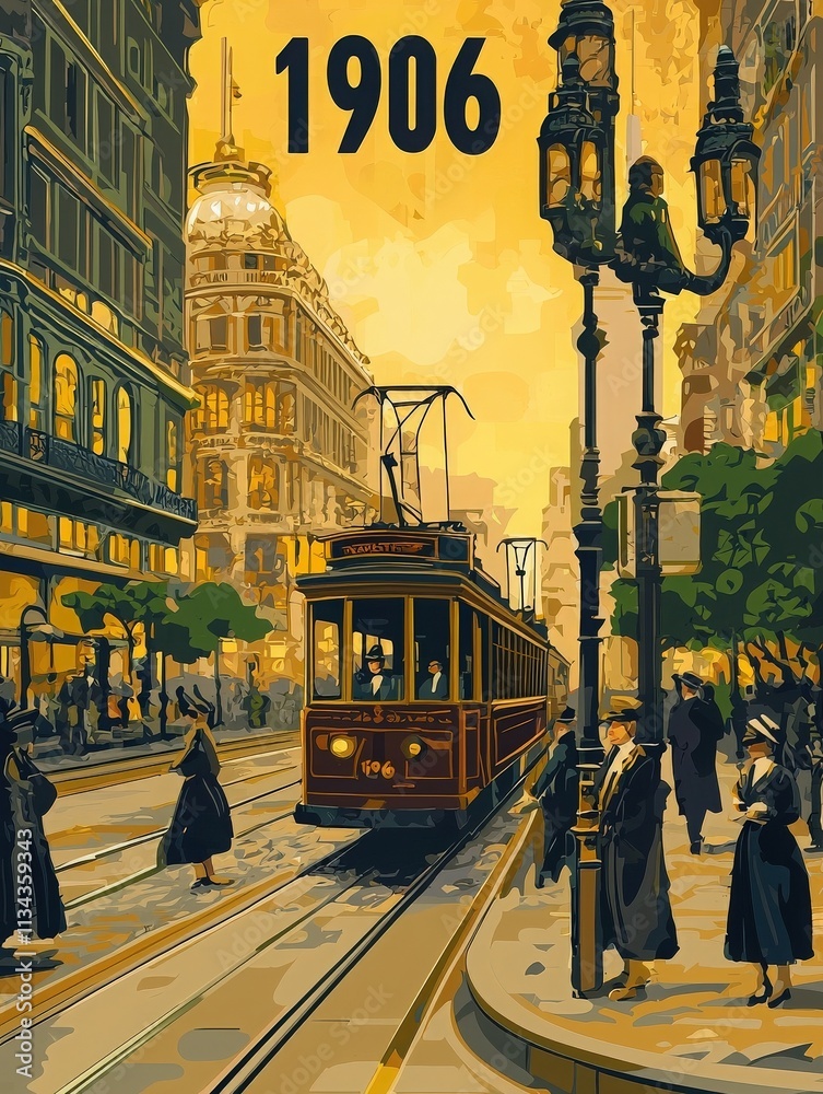 A streetcar travels through a lively cityscape in 1906, with elegant buildings and pedestrians in historic attire filling the streets. The warm tones evoke the charm of a bygone era.
