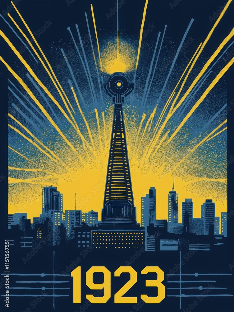 A striking architectural landmark stands tall against a dark sky, illuminated by bright rays of light. The city skyline is visible in the background, capturing the essence of a significant year.