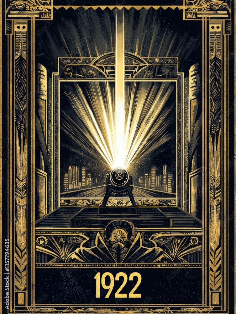 A striking art deco design from 1922 showcases a powerful beam of light emerging from an ornate frame. The background reveals a distant city skyline, creating a captivating contrast.