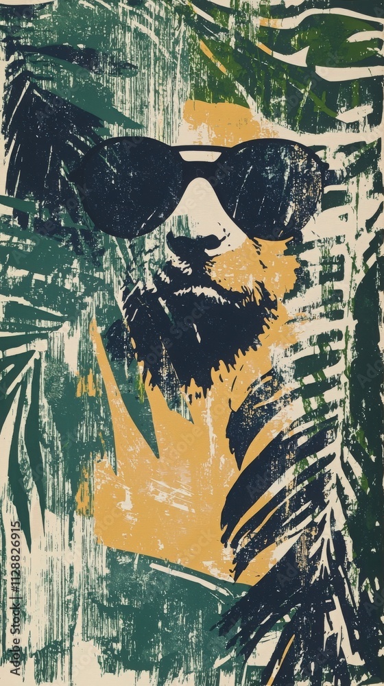A striking artwork features a bearded man in sunglasses, partially concealed by vibrant tropical foliage. The colors create a bold contrast, enhancing the artistic expression.