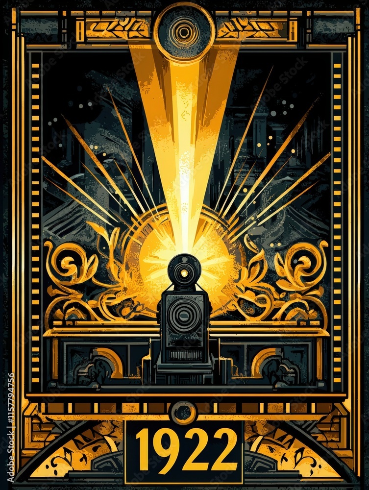 A striking artwork features golden rays shining from a central projector, adorned with ornate patterns. The design captures the essence of the year 1922, blending vintage style with bold visuals.