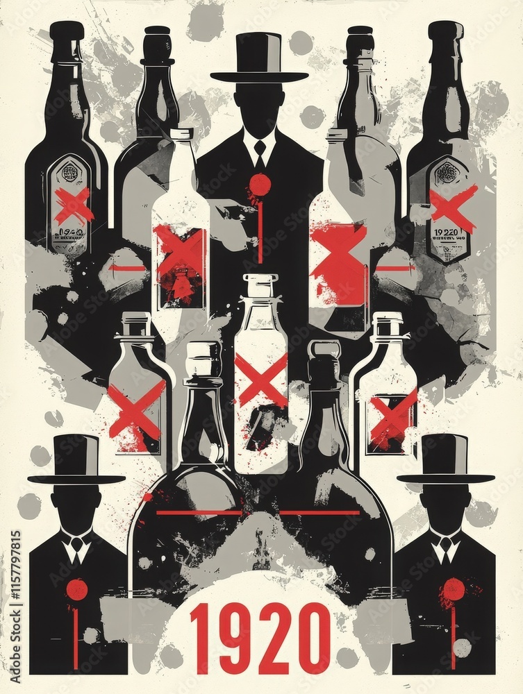 A striking artwork from the 1920s shows black silhouettes of figures in hats surrounded by bottles marked with red Xs, symbolizing the prohibition era and its restrictions on alcohol.