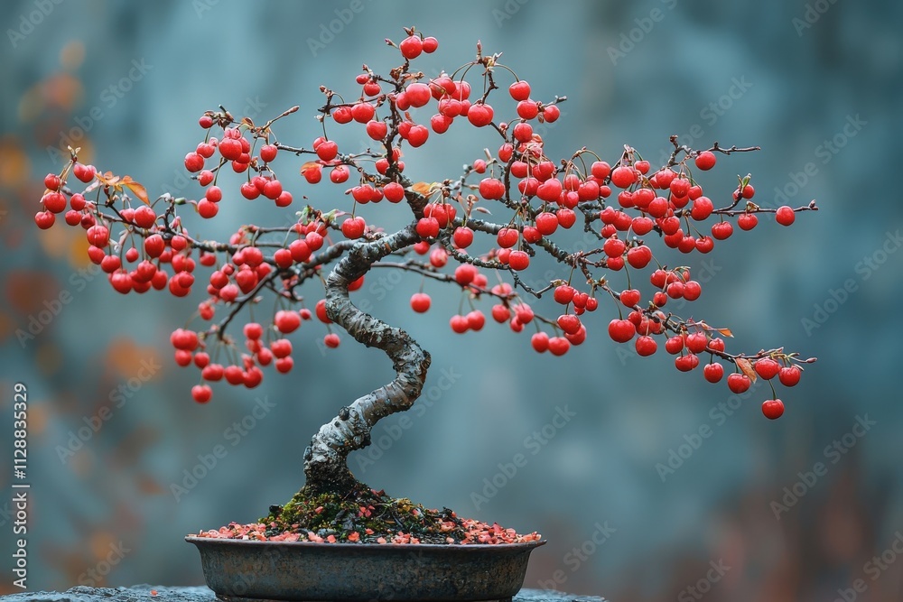 A striking bonsai tree showcases intricate twisting branches covered in bright red berries. The tranquil background highlights the trees beauty, making it a perfect focal point in any garden or home.