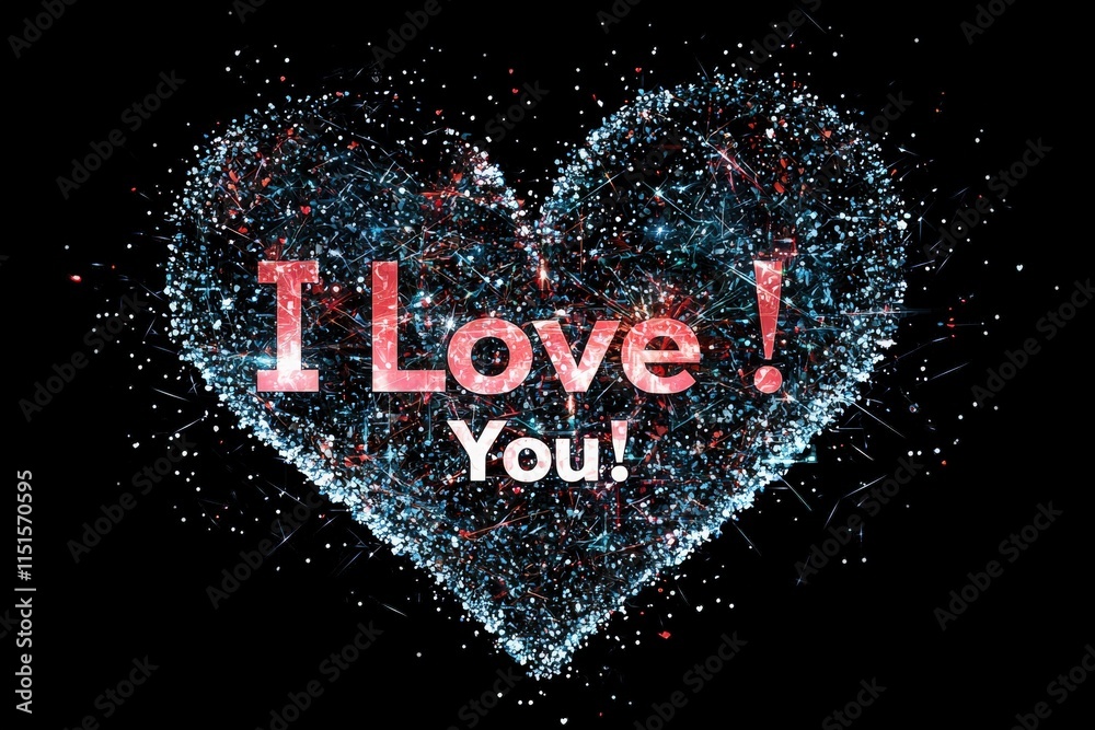 A striking design features a heart-shaped arrangement of colorful sparkles against a dark background. Bold text stating I Love You enhances the romantic theme.