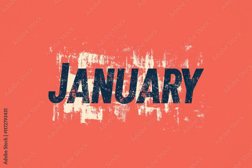 A striking design showcases the word January in large, bold letters with a textured finish. The background features a warm, bright color that adds vibrancy to the overall composition.