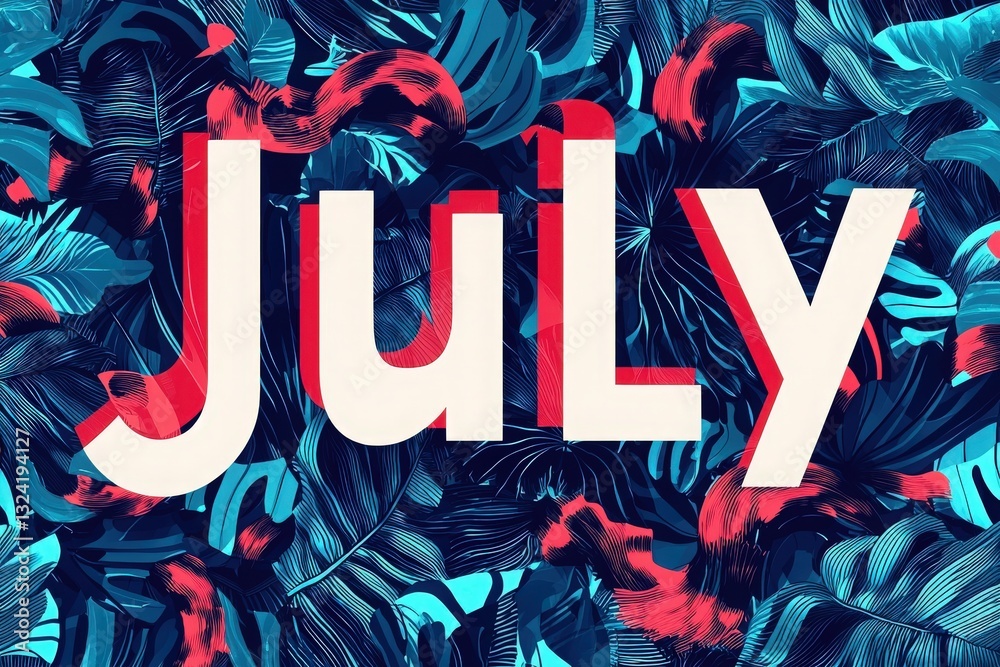 A striking display of the word July in bold letters with a tropical plant backdrop in vibrant colors. Lush green leaves blend with bright hues, evoking a lively summer atmosphere.