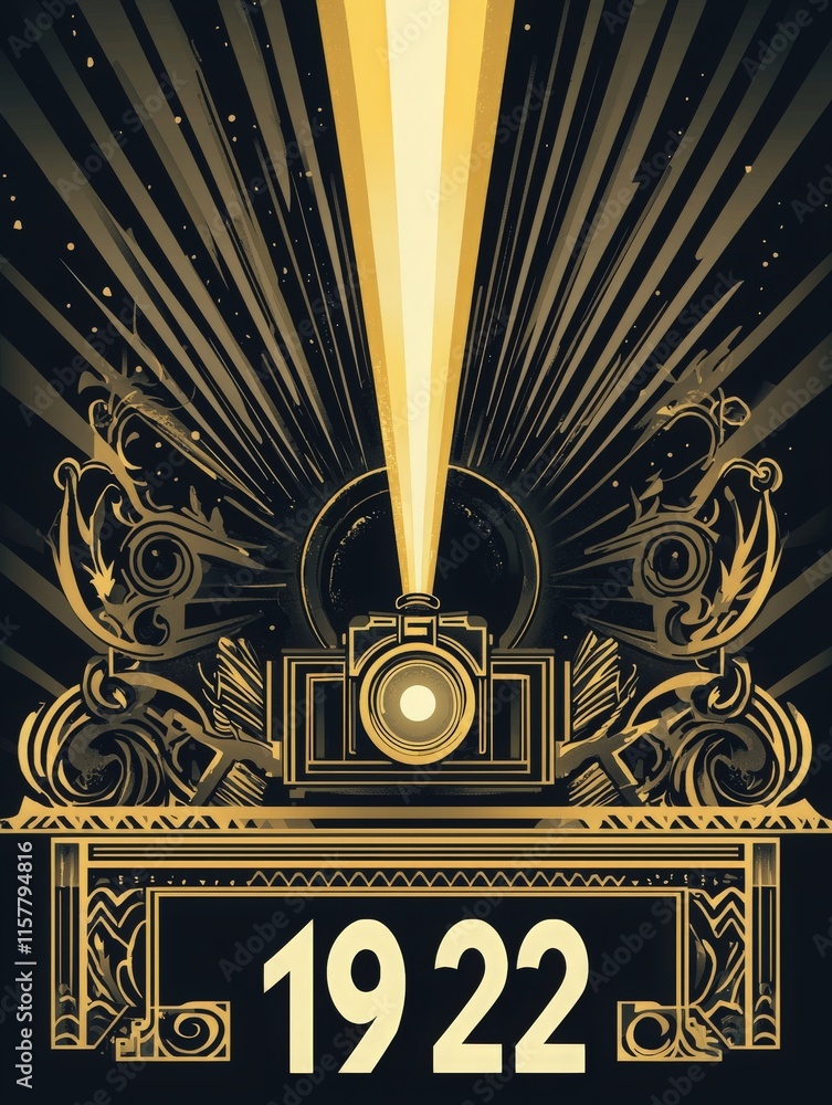 A striking graphic showcases a vintage camera radiating beams of light against an ornate background, celebrating cinematic art from the year 1922 with bold design elements.