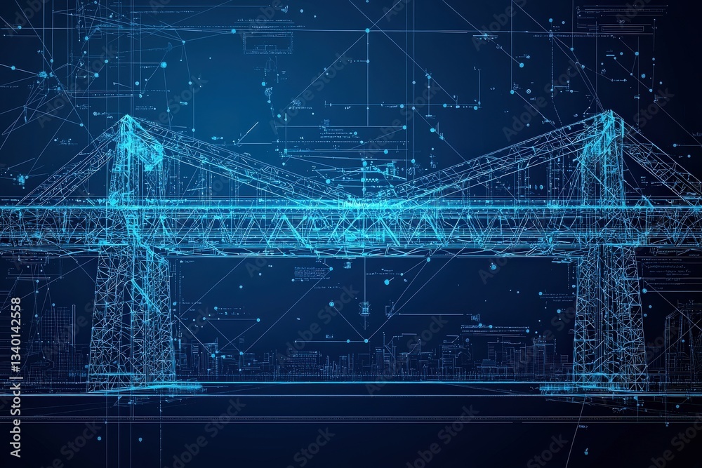 A striking illustration depicts a modern bridge design highlighted through a digital blueprint style.
