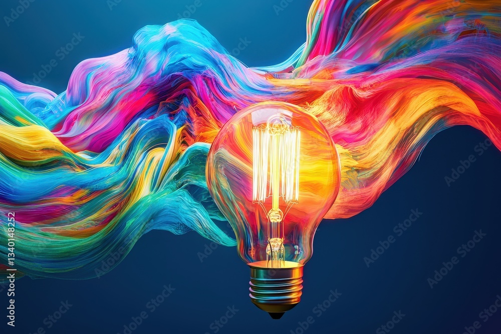 A striking light bulb sits at the center, surrounded by swirling waves of vivid colors. The arrangement creates a dynamic interplay of light and color, evoking creativity and inspiration.