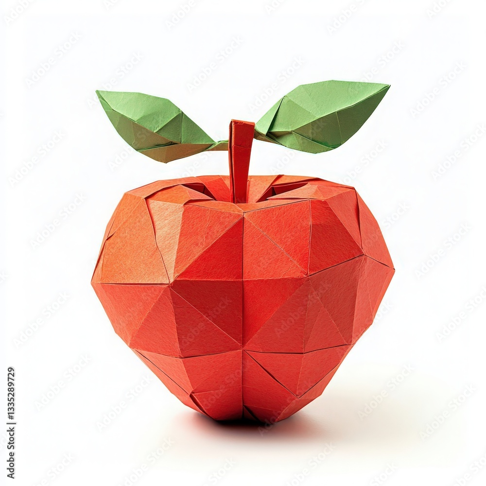 A striking origami apple showcases intricate folds and vibrant colors. This paper art features a bright red apple shape with green leaves atop, creating a unique decorative piece perfect for display.