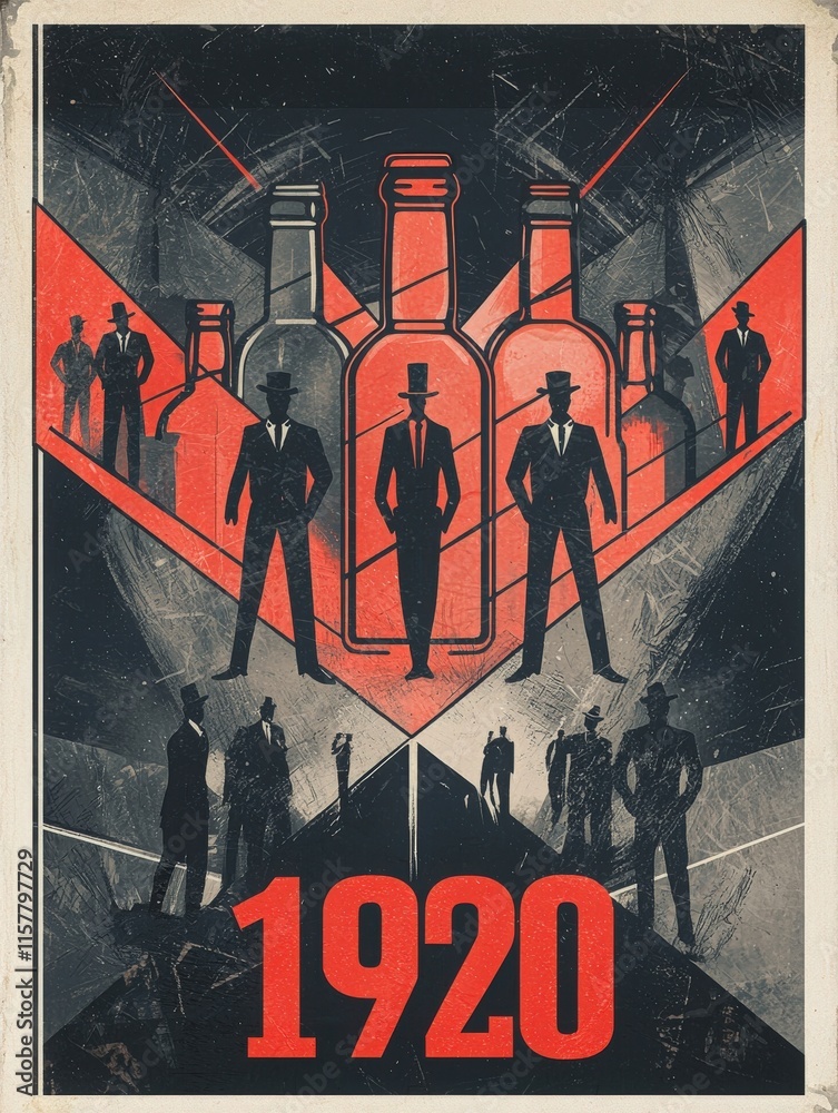 A striking poster design from the 1920s showcases bold geometric shapes. Silhouettes of men in hats surround prominent bottles, evoking the eras speakeasy culture and fashion.