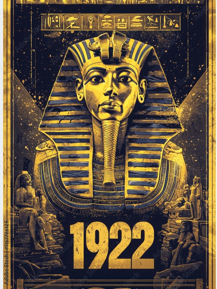 A striking representation of an ancient Egyptian pharaoh adorned in gold, highlighting intricate details of his headdress and facial features.
