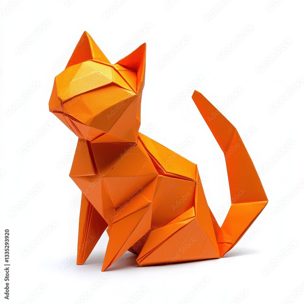 A striking sculpture of an orange cat made from folded paper displays a modern origami design. The angular shapes emphasize its form, creating a playful yet artistic look.