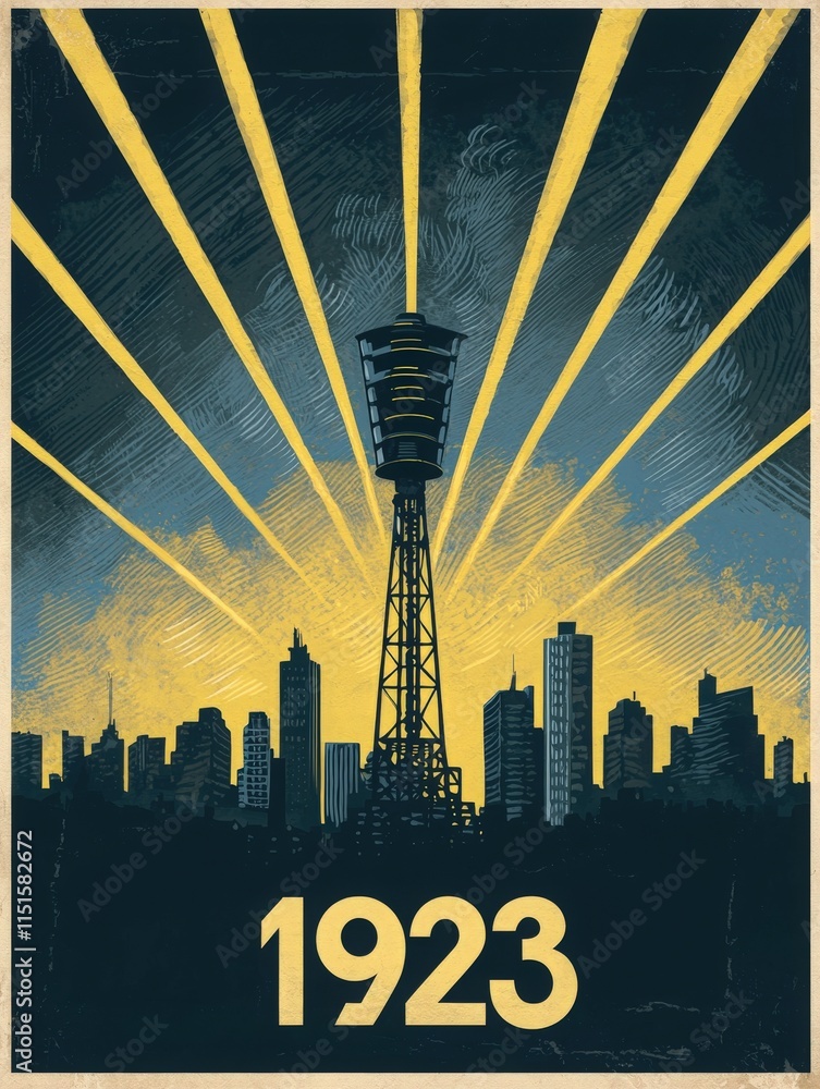A striking silhouette of a tower stands against a backdrop of a glowing sunrise, creating a dramatic view of the urban skyline in 1923. The scene captures a moment of hope and progress.