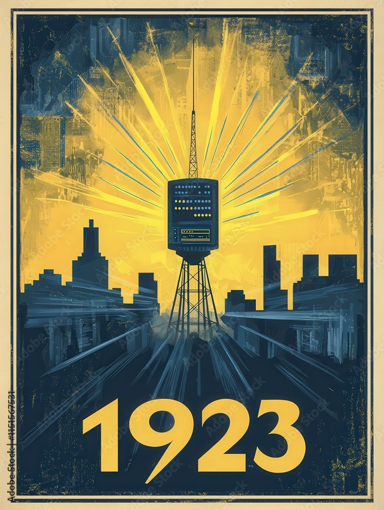 A striking vintage design showcases a city skyline featuring a tall tower emanating a golden sunburst. The year 1923 is prominently displayed, highlighting a historical context and artistic flair.
