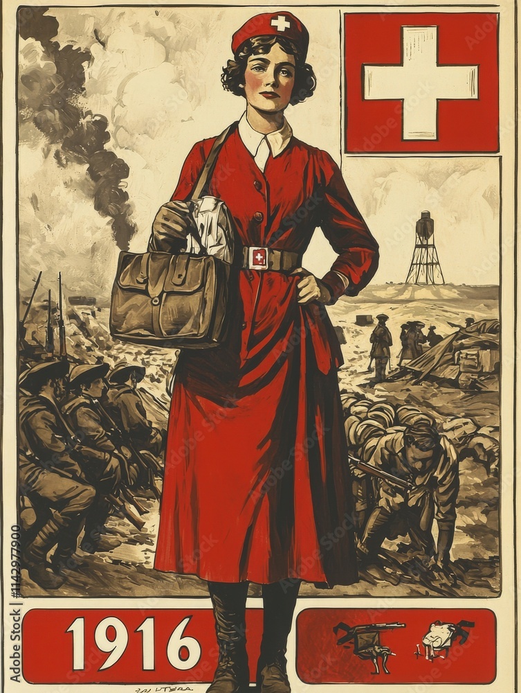 A striking vintage poster from 1916 showcases a Swiss Red Cross nurse wearing a red uniform, symbolizing compassion and bravery during wartime. The background illustrates soldiers receiving aid.