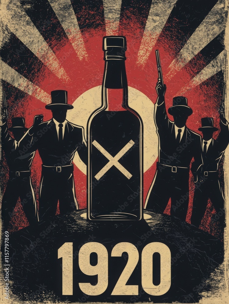 A striking vintage poster from the 1920s showcases shadowy figures in suits with hats, holding weapons, set against a bold red and white background.