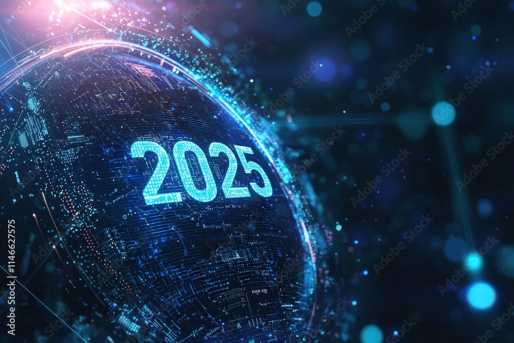 A striking visual showcases the year 2025, surrounded by intricate digital elements and glowing energy patterns, symbolizing advancements in technology and innovation.