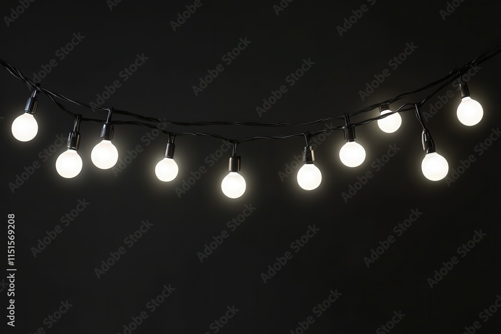 A string of bright white lights hangs against a black background, creating a warm ambiance perfect for celebrations or intimate gatherings. The glowing bulbs add charm to the environment.