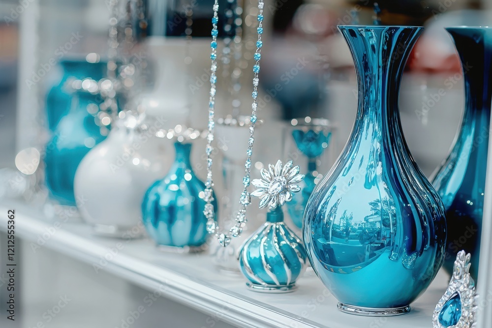 A stunning array of turquoise vases and decorative items is neatly arranged in a store display. The shiny surfaces reflect light, creating an inviting atmosphere for potential buyers.